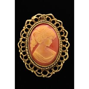 Peri Vintage 1.5" Cameo Pin Brooch Red Oval Antiqued Gold Signed 80s 1980s BinV